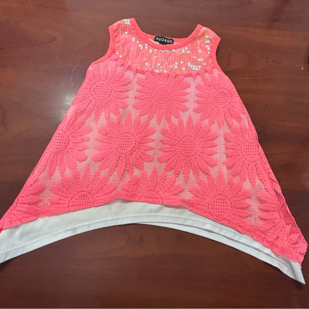 George Girls Sleeveless Top Coral Pink Floral Lace Sequin‎ Detail
